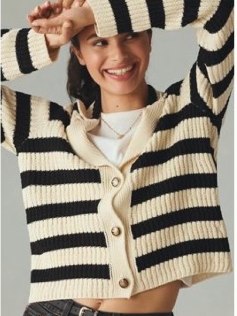 Anthropologie Black and Cream Striped Hooded Button-Up Cardigan